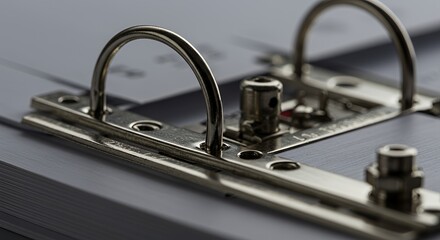 Close-up of a Metal Binder Mechanism: Detailed View of D-Rings, Screws, and Binder Components