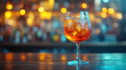 Vibrant cocktail glass filled with ice, bar backdrop blurred