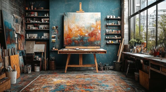Vibrant art studio with paint supplies, canvas, and a textured rug in a spacious room