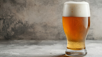 a refreshing glass of cold beer with rich foam and bubbles on a textured surface