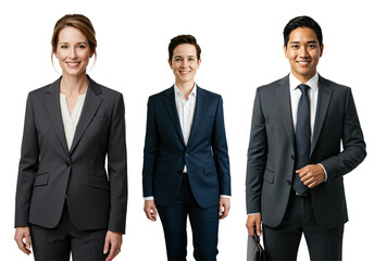 Three smiling adult business professionals, two women and one Asian man, wearing suits and ties, posing for a studio portrait against a transparent background.