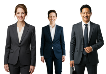 Three smiling adult business professionals, two women and one Asian man, wearing suits and ties, posing for a studio portrait against a transparent background.