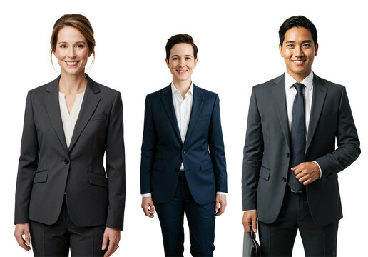 Three smiling adult business professionals, two women and one Asian man, wearing suits and ties, posing for a studio portrait against a transparent background.