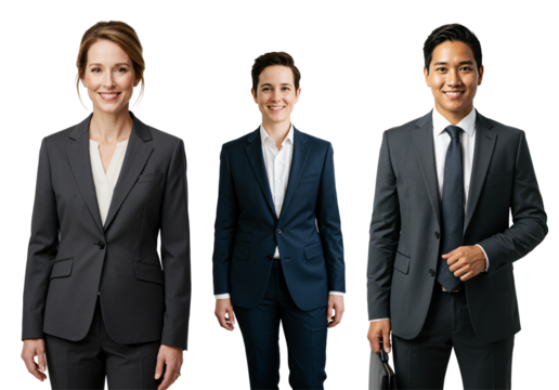 Three smiling adult business professionals, two women and one Asian man, wearing suits and ties, posing for a studio portrait against a transparent background.