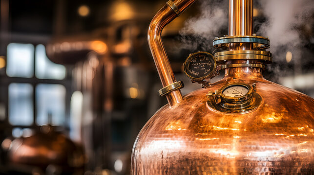 Copper still with steam rising, distilling process, alcohol production 
