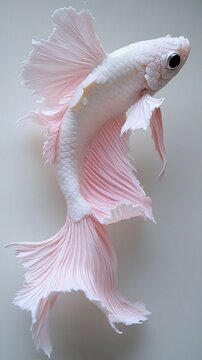 Delicate, pale pink betta fish with flowing fins, displaying elegant form