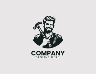 Smiling Young Carpenter Beard Holding Hammer on Shoulder Vector Logo Design, Friendly Young Repairman Beard Hammer on Shoulder Illustration Logo