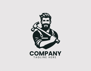 Smiling Young Carpenter Beard Holding Hammer on Shoulder Vector Logo Design, Friendly Young Repairman Beard Hammer on Shoulder Illustration Logo