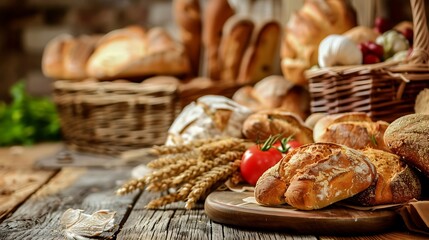 Variety Of Baked Breads And Pastries On Rustic Wooden Table With Natural Lighting