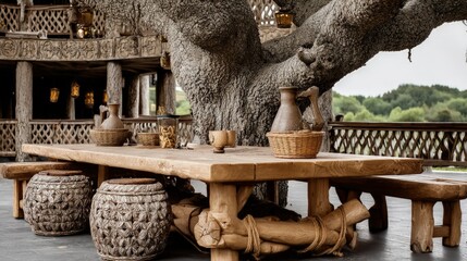 Rustic Wooden Table Setting Under Ancient Tree