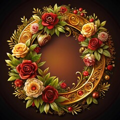 Elegant floral wreath arrangement featuring vibrant red and yellow roses with lush green leaves.