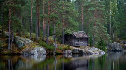 Serene Wooden Cabin by Tranquil Lake Surrounded by Lush Green Forest and Rocky Shores in a Peaceful Wilderness Setting