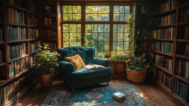 Cozy reading nook with bookshelves and window view