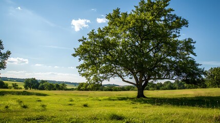 Obraz premium Vibrant Green Tree Standing In Sunny Field Under Clear Blue Sky Landscape