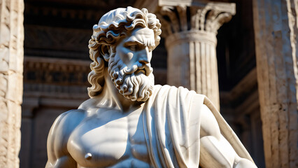 Obraz premium Marble Statue of a Meditating Warrior, Calm Expression and Draped Tunic in Ornate Stone Pavilion