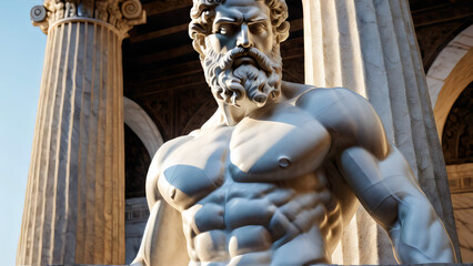 Marble Statue of a Roman General, Strong Posture with Draped Armor and Historic Architecture