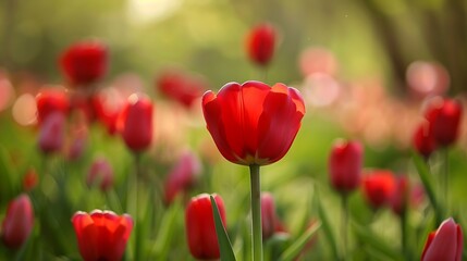 Fototapeta premium Vibrant Red Tulips Blooming In A Lush Green Garden With Sunlight