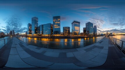 Canary Wharf panorama night view, city skyline with water reflections and walkways, blue hour