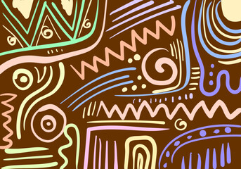 abstract tribal patterns with vibrant colors over brown backgrounds, combining bold lines, dots, and curves for a lively ethnic-modern visual expression.