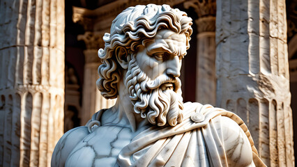 Fototapeta premium Marble Statue of a Bearded Man in Deep Thought, Classical Pose in a Sunlit Temple Alcove