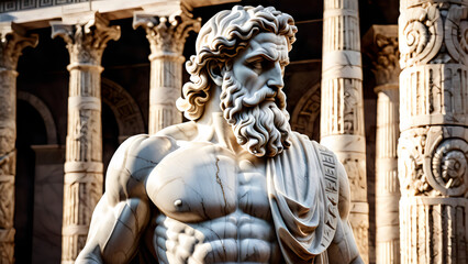 Obraz premium Marble Statue of a Roman Leader, Commanding Presence, Draped Robes, and Stone Pavilion