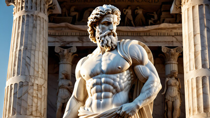 Obraz premium Marble Statue of a Bearded Thinker, Carved Detail in Greco-Roman Temple Interior