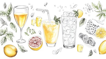 Hand-drawn illustration of refreshing summer drinks.