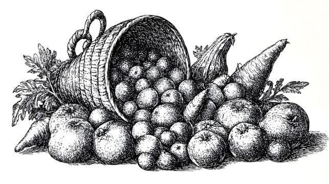 recommend clip art: Still life of fruits and vegetables in a basket.