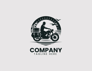 Fototapeta premium Adventure Motorcyclist with Luggage Setup Vector Logo Design, Touring Motorbike Rider with Luggage Vector Logo