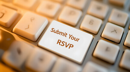 Close-up of keyboard with a "Submit Your RSVP" key, emphasizing technology and communication