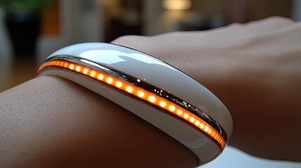 White LED bracelet on wrist.