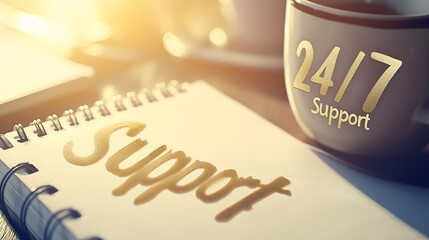 A notebook that has the word support on it with a mug that has "24/7 Support" written on it