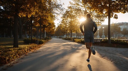man jogging in the park early in the morning, wearing smart fitness gear, with trees in autumn colors and golden hour light
