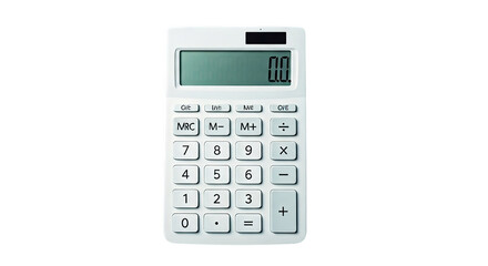 A pristine white calculator ready for calculations, poised for precise computations, displaying a clean zero, promising accurate results with a simple, functional design.