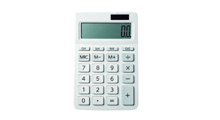 A pristine white calculator ready for calculations, poised for precise computations, displaying a clean zero, promising accurate results with a simple, functional design.