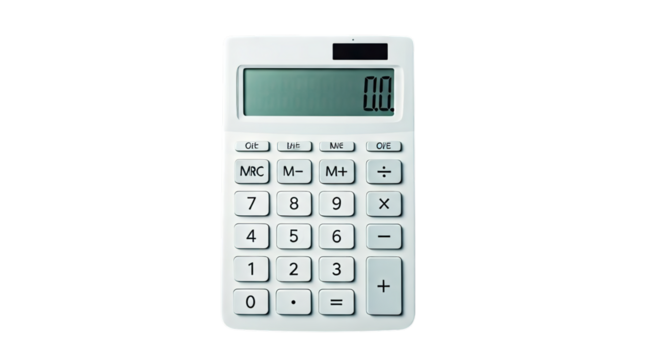 A pristine white calculator ready for calculations, poised for precise computations, displaying a clean zero, promising accurate results with a simple, functional design.