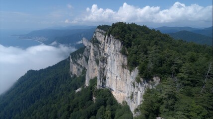 Majestic Mountain Peak Overlooking Lush Green Forests and Clouds