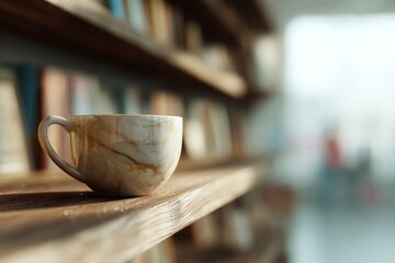 Wooden shelf with books and a light coffee mug.