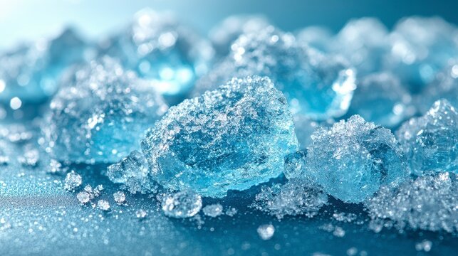Shards of translucent, light blue crystals glimmer, clustered together