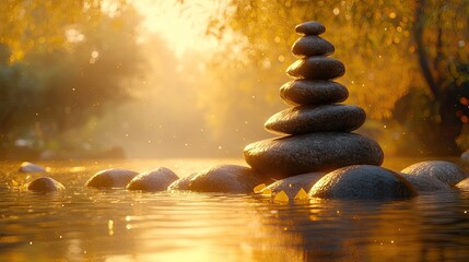 Obraz premium Zen stones balanced atop a tranquil river.