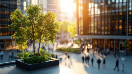 A small tree planted in urban area with a modern office building and blurred people in background on sunny day.
