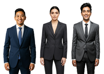 Three diverse young adult Asian and South Asian business professionals, two males and one female, wearing suits and ties, standing confidently against a transparent background.