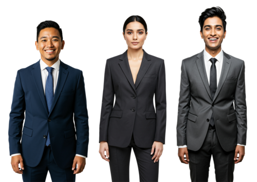 Three diverse young adult Asian and South Asian business professionals, two males and one female, wearing suits and ties, standing confidently against a transparent background.