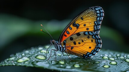 Dew-kissed butterfly Yellow and blue wings resting on a verdant leaf with water droplets