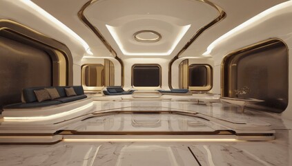 A futuristic luxury lounge features a sleek design with curved architecture, gold accents, and ambient lighting. The polished marble floor reflects the elegant interior, creating a modern atmosphere.