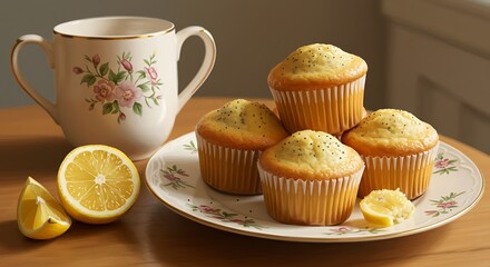 Serving Lemon Poppy Seed Muffins on Plate with Lemons and Mug