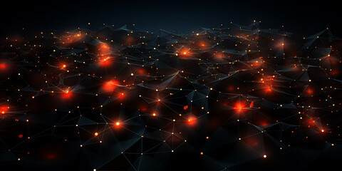 Fototapeta premium Dark digital grid with glowing orange nodes connecting network abstract background, Perfect for futuristic tech visuals and data communication themes
