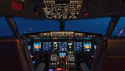 Airplane cockpit illuminated with bright digital displays, control panels and navigation instruments, aviation technology and flight control in modern aircraft for pilots and aerospace professionals.