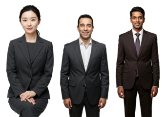 Three diverse business professionals, an Asian woman seated and two men (Middle Eastern and South Asian) standing, wearing suits against a transparent background