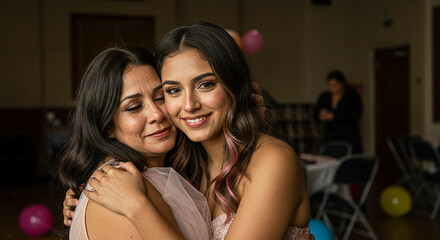 Daughter embracing mother at quinceanera party showing love and affection